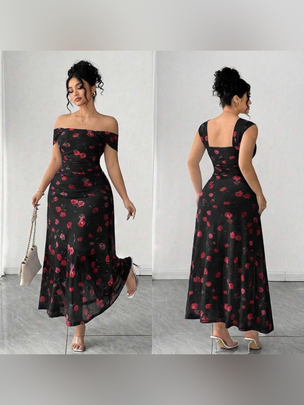 SHEINCurve Black Off-Shoulder Midi Dress with Red Rose Print